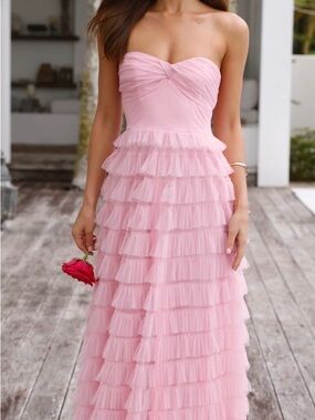 Hello Molly Strapless Pink Tiered Tulle Maxi Dress